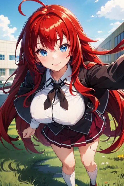 masterpiece, best quality, looking at viewer, closeup portrait, 1girl, solo, smile, rias gremory, standing, long hair, school un...