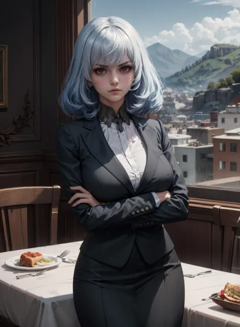 a woman with blue hair standing in front of a table with food