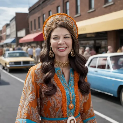 melba, a smiling brunette caucasian 22 year-old in 1969, is dressed in 1960s paisley hippie costume for women .
she has a bouffa...