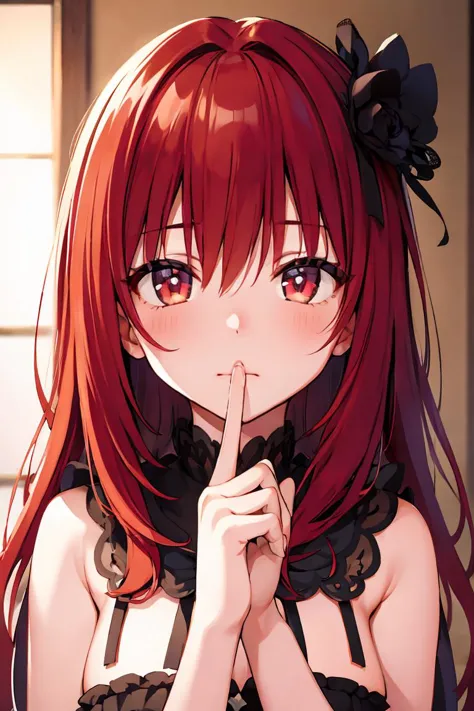 anime girl with red hair and black dress holding her finger to her lips