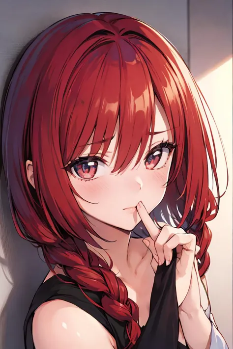 anime girl with red hair and blue eyes holding a fork