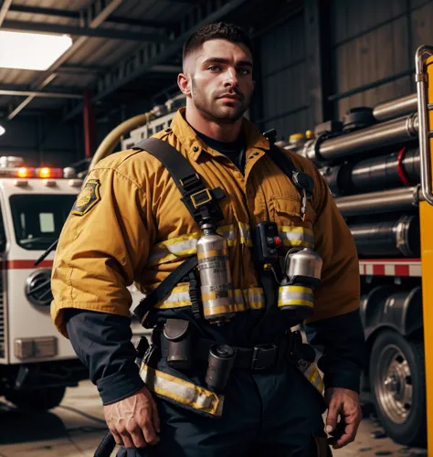 arafed firefighter in a yellow uniform standing in front of a fire truck