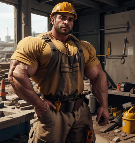 a close up of a man in a hard hat and overalls