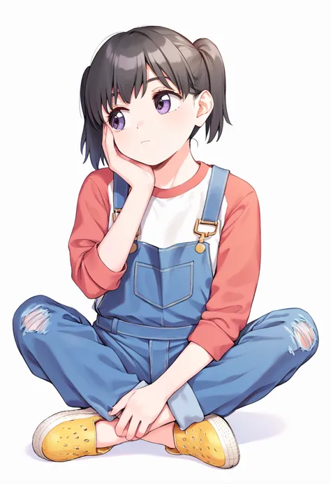 score_9, score_8_up, score_7_up, best quality, masterpiece, source_anime BREAK
1girl, kuraue hinata, solo, twintails, sitting, overalls, black hair, yellow footwear, purple eyes, long sleeves, white background, crocs, white shirt, indian style, raglan sleeves, hand on own face, head rest, crossed legs, hand on own cheek, blue overalls, full body, short hair, eyebrows visible through hair, simple background, closed mouth, short twintails, looking away, medium hair, hand up, pants rolled up, red shirt, denim, looking to the side, black eyes, sneakers, blue eyes <lora:kuraue_hinata_sdxl_locon_pony_v1:0.7>