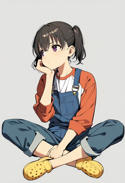 1girl, kuraue hinata, solo, twintails, sitting, overalls, black hair, yellow footwear, purple eyes, long sleeves, white background, crocs, white shirt, indian style, raglan sleeves, hand on own face, head rest, crossed legs, hand on own cheek, blue overalls, full body, short hair, eyebrows visible through hair, simple background, closed mouth, short twintails, looking away, medium hair, hand up, pants rolled up, red shirt, denim, looking to the side, black eyes, sneakers, masterpiece, best quality <lora:kuraue_hinata_sdxl_locon_ani_v1:0.7>