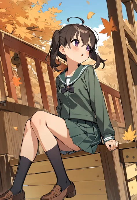 anime girl sitting on a bench in a park with leaves falling