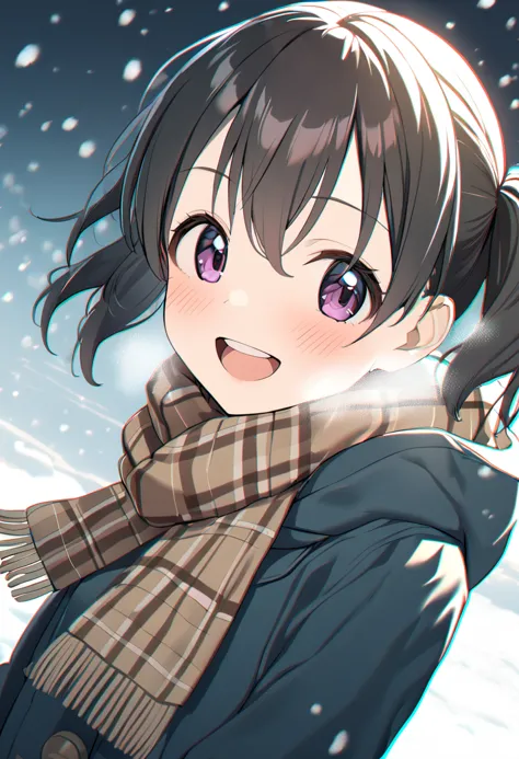 1girl, kuraue hinata, solo, twintails, open mouth, black hair, purple eyes, smile, looking at viewer, plaid scarf, :d, blush, upper body, breath, white background, fringe trim, brown scarf, teeth, hair between eyes, dutch angle, black coat, simple background, winter clothes, upper teeth, hooded coat, chromatic aberration, short twintails, long sleeves, jacket, blue coat, short hair, snowing, round teeth, medium hair, winter coat, from side, hood down, winter, eyebrows visible through hair, enpera, buttons, masterpiece, best quality <lora:kuraue_hinata_sdxl_locon_ani_v1:0.7>