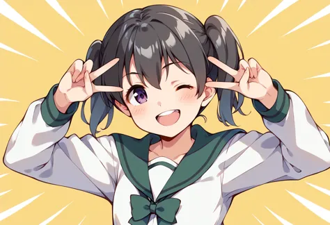 anime girl with ponytails and green shirt making a peace sign