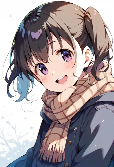 score_9, score_8_up, score_7_up, best quality, masterpiece, source_anime BREAK
1girl, kuraue hinata, solo, twintails, open mouth, black hair, purple eyes, smile, looking at viewer, plaid scarf, :d, blush, upper body, breath, white background, fringe trim, brown scarf, teeth, hair between eyes, dutch angle, black coat, simple background, winter clothes, upper teeth, hooded coat, chromatic aberration, short twintails, long sleeves, jacket, blue coat, short hair, snowing, round teeth, medium hair, winter coat, from side, hood down, winter, eyebrows visible through hair, enpera, buttons <lora:kuraue_hinata_sdxl_locon_pony_v1:0.7>