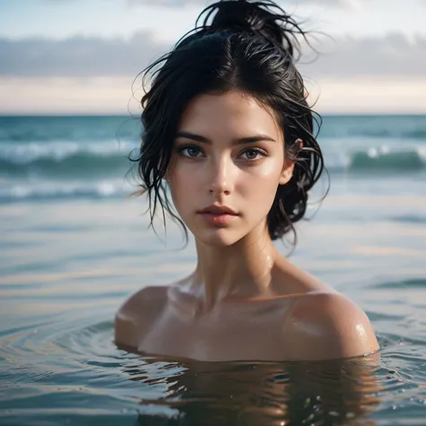 cinematic photo of cinematic photo of Girl with black hair and brown eyes, standing partially submerged in the ocean on a beach ...