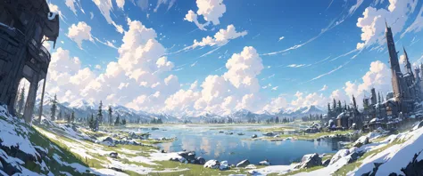 anime scenery of a mountain lake with a castle in the distance