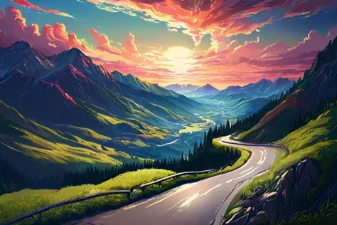 Mach Go Go Go! A depiction of winding road scene in Furkapass, surrounded by beautiful mountains against a sky backdropy, a land...