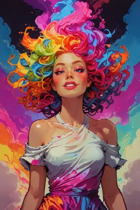 a woman with colorful hair and a white dress