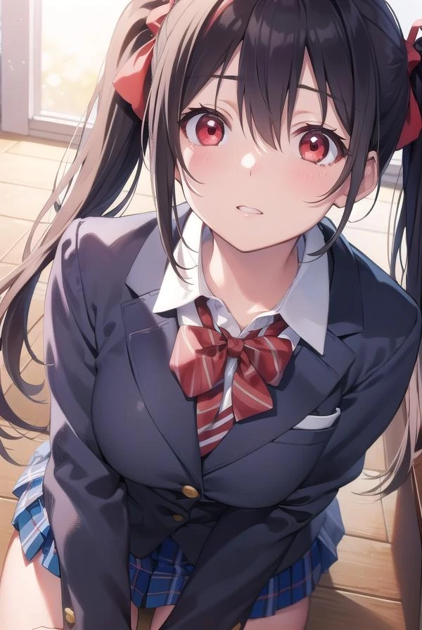 nicoyazawa, nico yazawa, black hair, (red eyes:1.5), twintails, hair bow, bow, red bow, (flat chest:1.2),
BREAK blazer, blue skirt, jacket, otonokizaka school uniform, pleated skirt, , winter uniform,
BREAK looking at viewer,
BREAK indoors, classroom, 
BREAK (masterpiece:1.2), best quality, high resolution, unity 8k wallpaper, (illustration:0.8), (beautiful detailed eyes:1.6), extremely detailed face, perfect lighting, extremely detailed CG, (perfect hands, perfect anatomy),