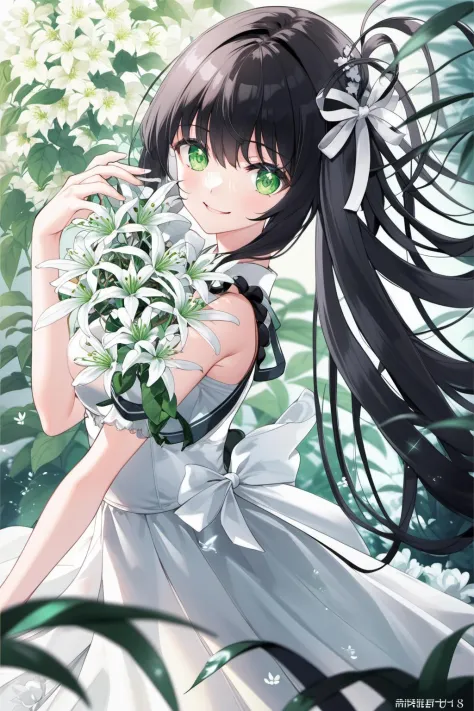 face focus, dynamic angle, masterpiece, best quality, 1girl, solo, long hair, green eyes, plant, looking at viewer, white flower...