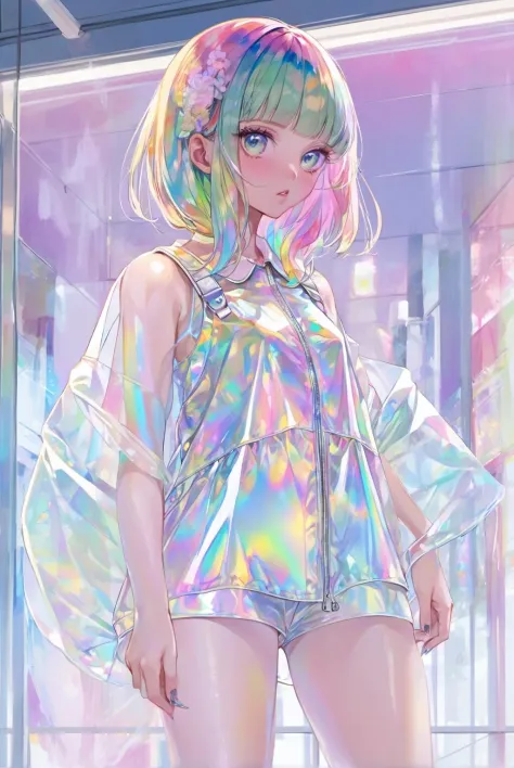 Ropa de PVC de color transparente., ropa de vinilo de color transparente, prismático, holográfico, aberración cromática, Ilustración de moda, obra maestra, chica con moda harajuku, mirando al espectador, 8K, ultra detallado, pixiv