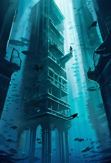 concept art Un plongeur explore les recoins sombres d'un gratte-ciel sous-marin, Ses fenêtres brisées servant de maison à des bancs de poissons fantomatiques. Le jeu étrange de la lumière filtrant à travers l'eau ajoute une sensation de pressentiment surréaliste. . oeuvre numérique, illustratif, pictural, Peinture mate, très détaillé