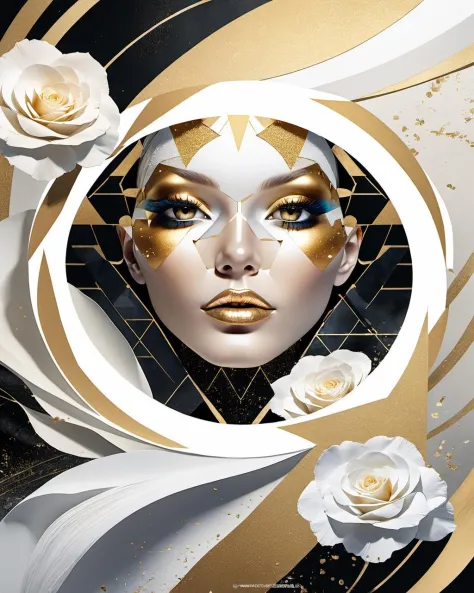 golden, ultra detailed artistic abstract photography of geometrical woman face, Beautiful white rose flower on the seashore, sun...