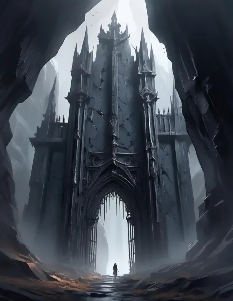 a massive, gothic gate looming ominously, seemingly carved directly into a sheer cliff face, ethereal, otherworldly light seeps ...