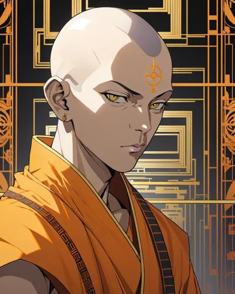 elaborate portrait of a monk by Laurey Greasley and Takeshi Obata, desire to achieve enlightenment, nirvana, yellow, orange, cyb...