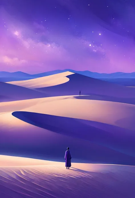 コンセプトアート 巨大なものの前に立つ孤独な人物のイメージ, ラベンダー色の夕暮れの空の下にある、果てしなく続く砂丘. このシーンの静寂と静けさは、忘れられないほど美しい超現実的な雰囲気を与えている。. . デジタルアート, 説明的な, 絵画的な, マットペイント, 非常に詳細な