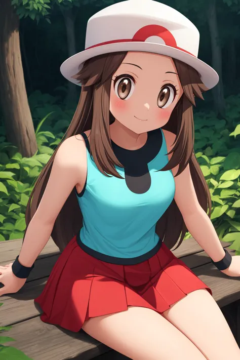 pkmnleaf, 1girl, solo, brown eyes, brown hair, long hair, sidelocks, hat, white headwear,
aqua shirt, sleeveless, red skirt, miniskirt, pleated skirt, black wristband,
smile,closed mouth,cowboy shot,sitting,
forest,outdoor,
(insanely detailed, beautiful detailed face, masterpiece, best quality) cinematic lighting,<lora:PKMN_Leaf_v1:1>, <lora:more_details:0.3>,