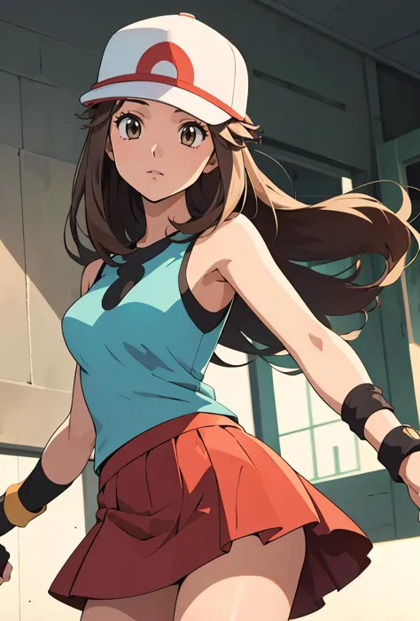 (masterpiece, best quality), 1girl,      pkmnleaf, 1girl, solo, brown eyes, brown hair, long hair, sidelocks, hat, white headwear,, aqua shirt, sleeveless, red skirt, miniskirt, pleated skirt, black wristband,