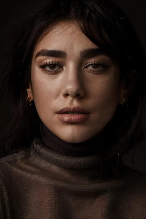 a close up of a woman with a black turtle neck top