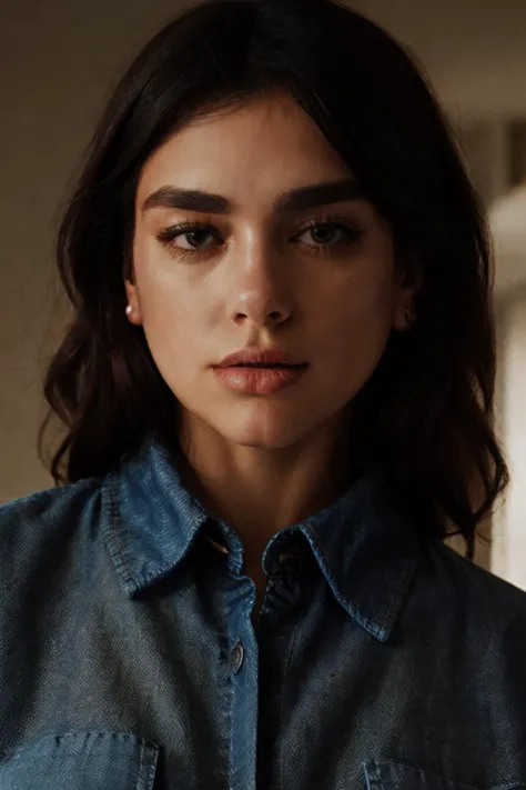 a woman with long hair wearing a denim shirt and earrings