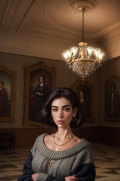 a woman standing in a room with a chandelier and paintings