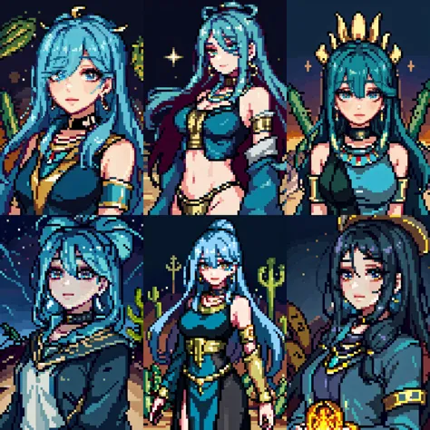 a group of pixel art images of a woman with blue hair