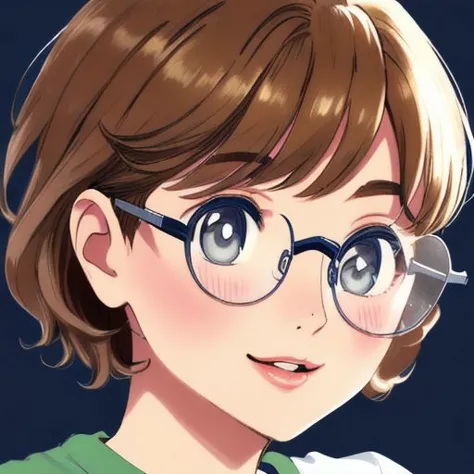 anime girl with glasses and a green shirt looking at the camera