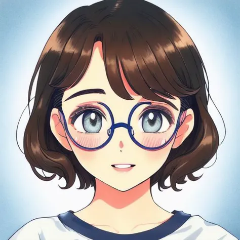 anime girl with glasses and a white shirt with a blue background