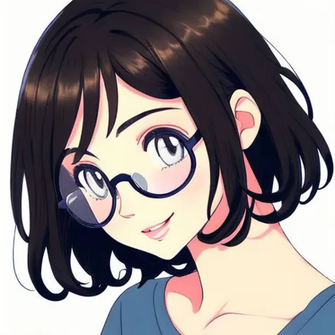 anime girl with glasses and a blue shirt looking at the camera