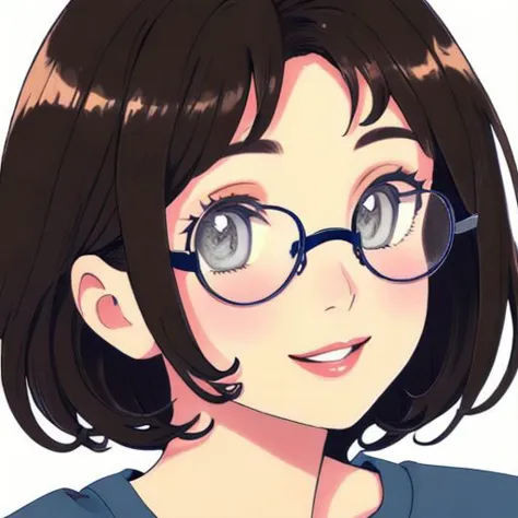 anime girl with glasses and a blue shirt smiling