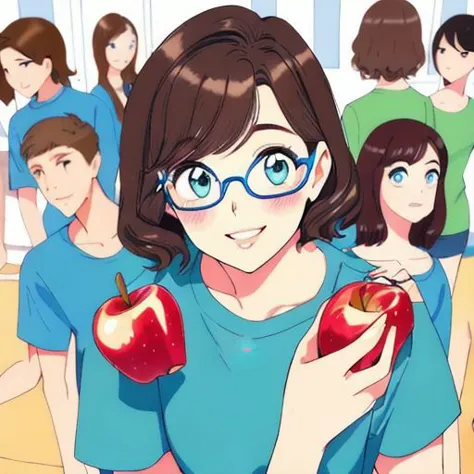 anime image of a woman holding an apple in front of a group of people