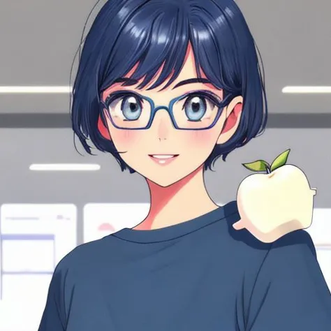 anime girl with glasses holding an apple in her hand