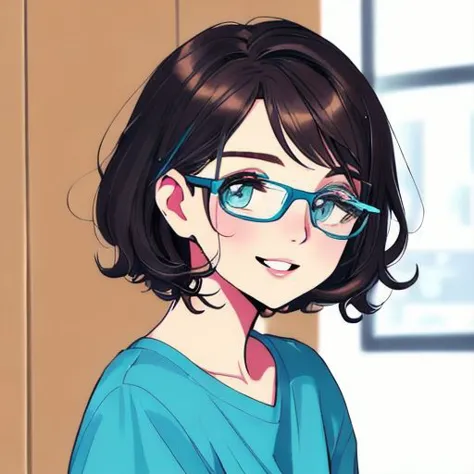 anime girl with glasses and a blue shirt smiling at the camera