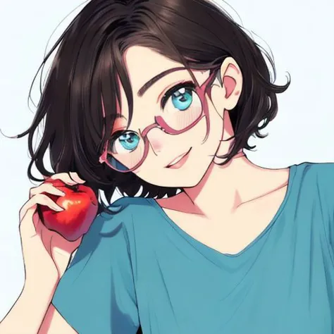 anime girl with glasses holding an apple and smiling