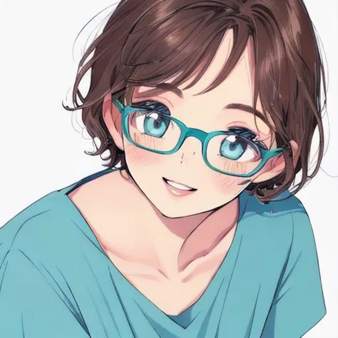 anime girl with glasses and blue shirt looking at camera