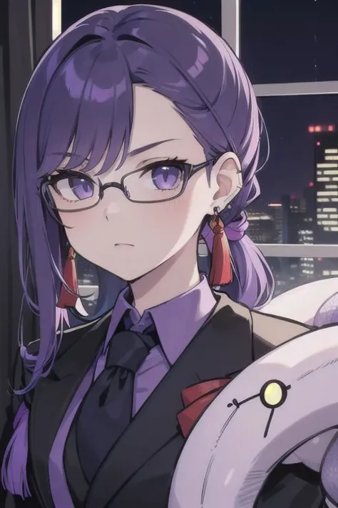 (masterpiece, best quality, perfect face, perfect eyes, detailed face, snake eyes:1.3), woman, snake lady, purple hair, neat hair, ponytail, purple gray eyes, (business suit, black suit, light purple shirt:1.2), purple tie, menacing, glasses, black gloves, (single earring, tassel earring, single tassel, purple tassel:1.2), office, windows, nightscape, night, city lights, skyscrapers, tilted head,