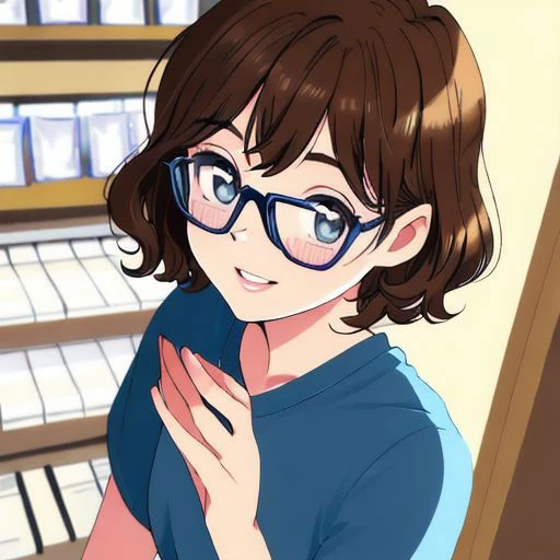 anime girl with glasses and a blue shirt holding a cell phone