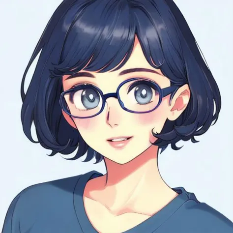 anime girl with glasses and blue shirt looking at camera