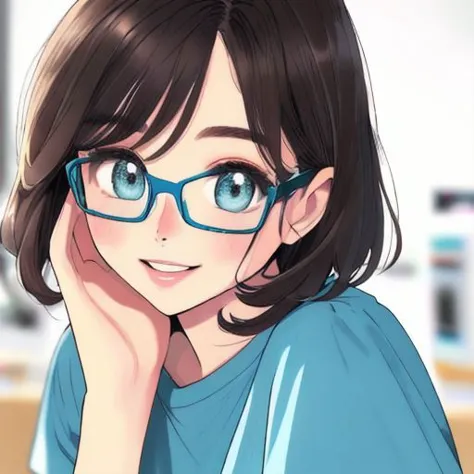 a close up of a person wearing glasses and a blue shirt