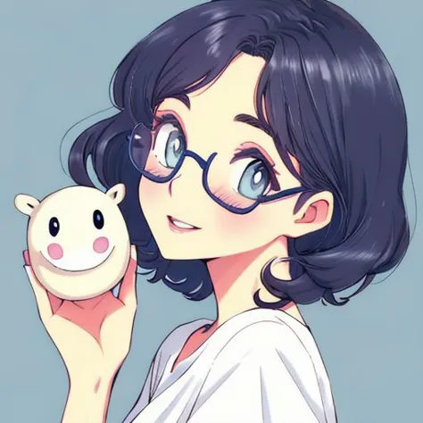 anime girl holding a pig in her hand and smiling