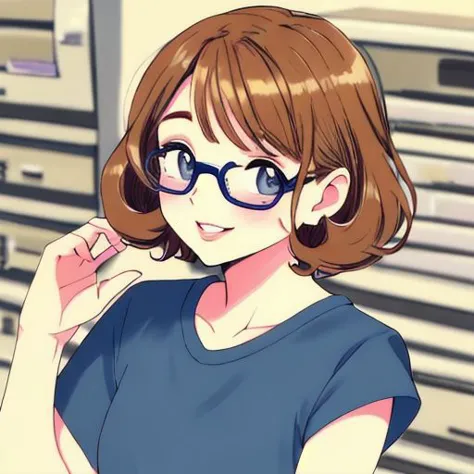 anime girl with glasses and a blue shirt posing for a picture