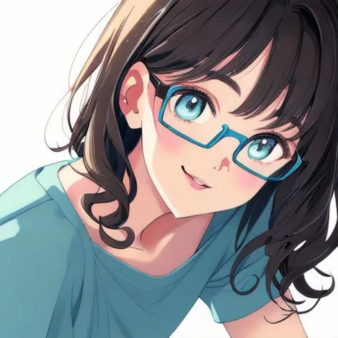 anime girl with glasses and blue shirt looking at camera