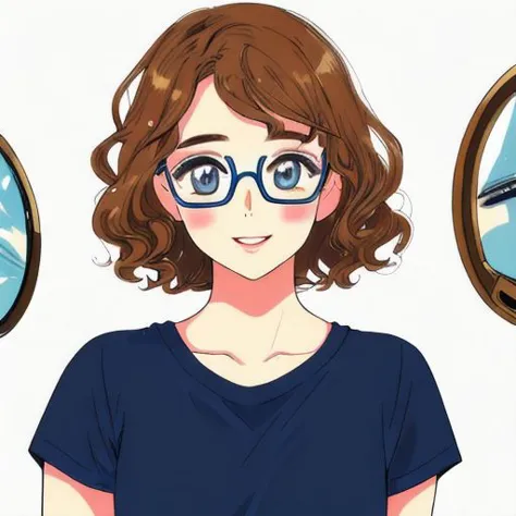 anime girl with glasses and a blue shirt standing in front of a mirror