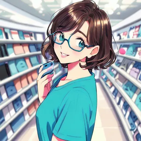 anime girl in a store with a cell phone in her hand