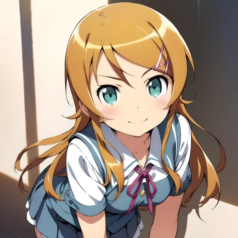 (masterpiece),(best quality),(ultra-detailed),(best illustration),(best shadow),(absurdres),(detailed background),(very aesthetic), kirino kousaka, blonde hair, long hair, hair clip, green eyes, bangs, schoolgirl uniform, looking at viewer, upper body, smile, leaning forward <lora:XL-KirinoKousakav1:1>